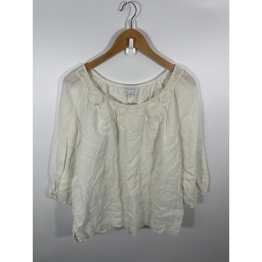 Womens 100% Linen Blouse 14 White Lace Resort Euro Summer Lightweight Breathable